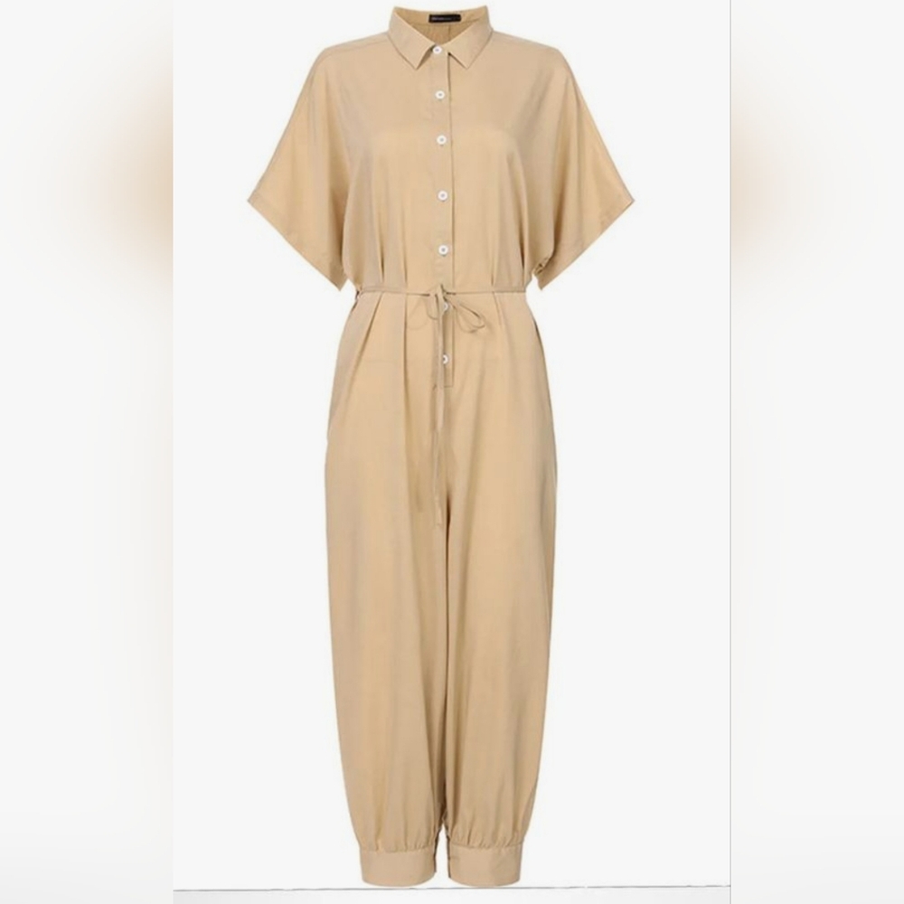 Khaki Casual Solid Split Joint Turndown Collar Short Sleeve Jumpsuits. Size L
